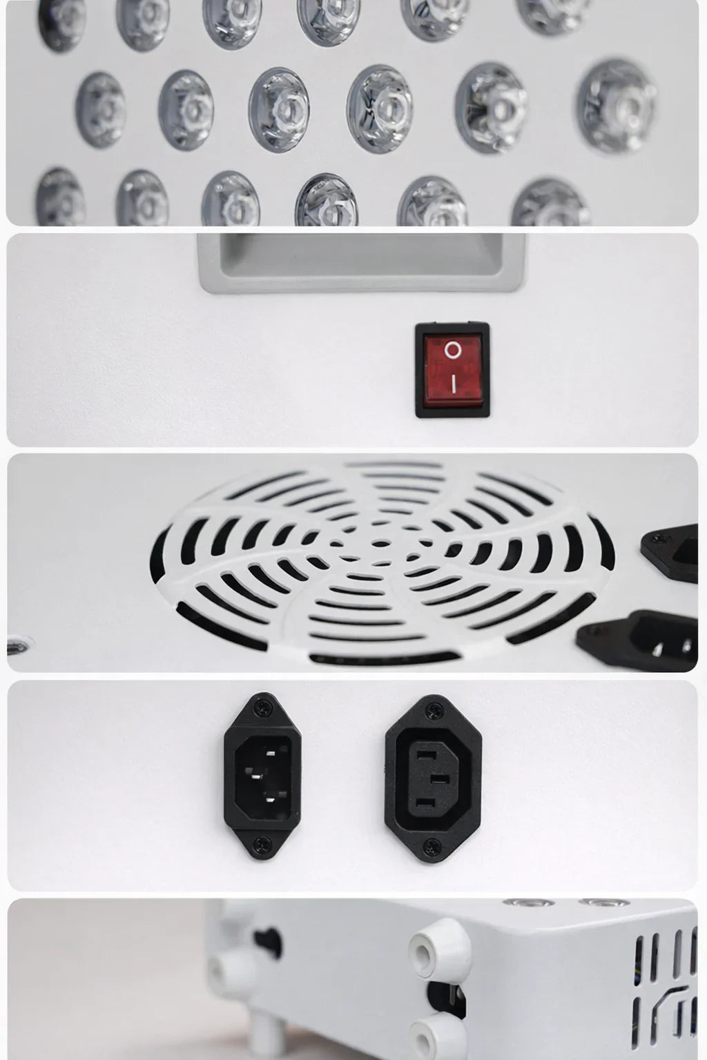 Podrobni posnetki LED terapevtske svetilke, stikalo, ventilator in priključki